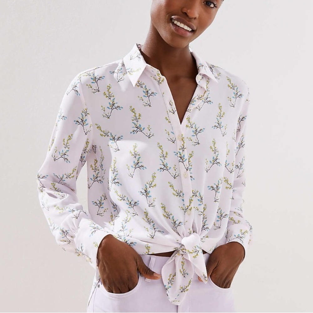 LOFT White Floral Button-Down Tie-Front Blouse